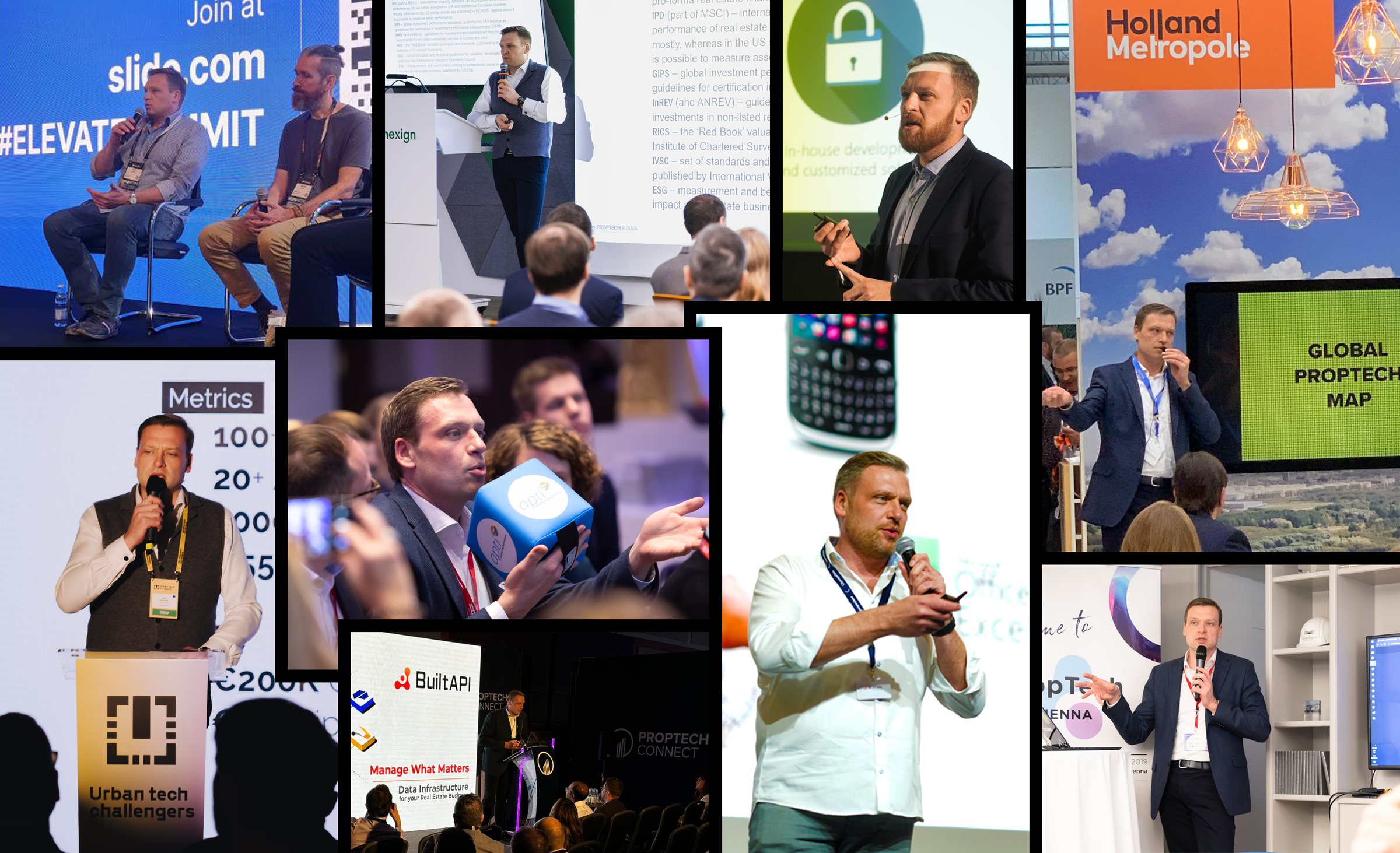 Collage of Ivan Nokhrin speaking at conferences: keynotes, panels, a pitch at a lectern and a question from the audience